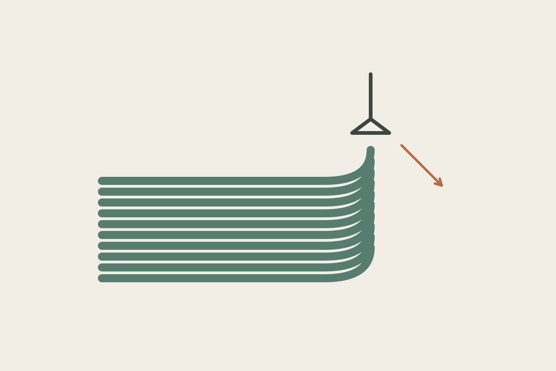 A simple nozzle sits over a stack of rounded green deposited lines.