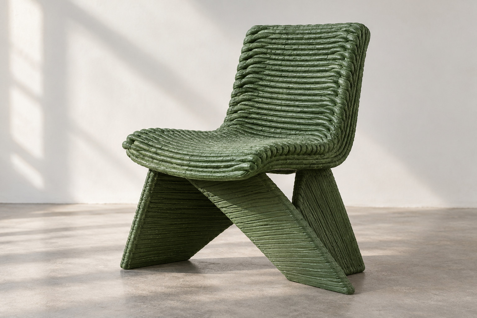 A green plastic chair with thick rounded deposited layers visible across its seat, back and supports.