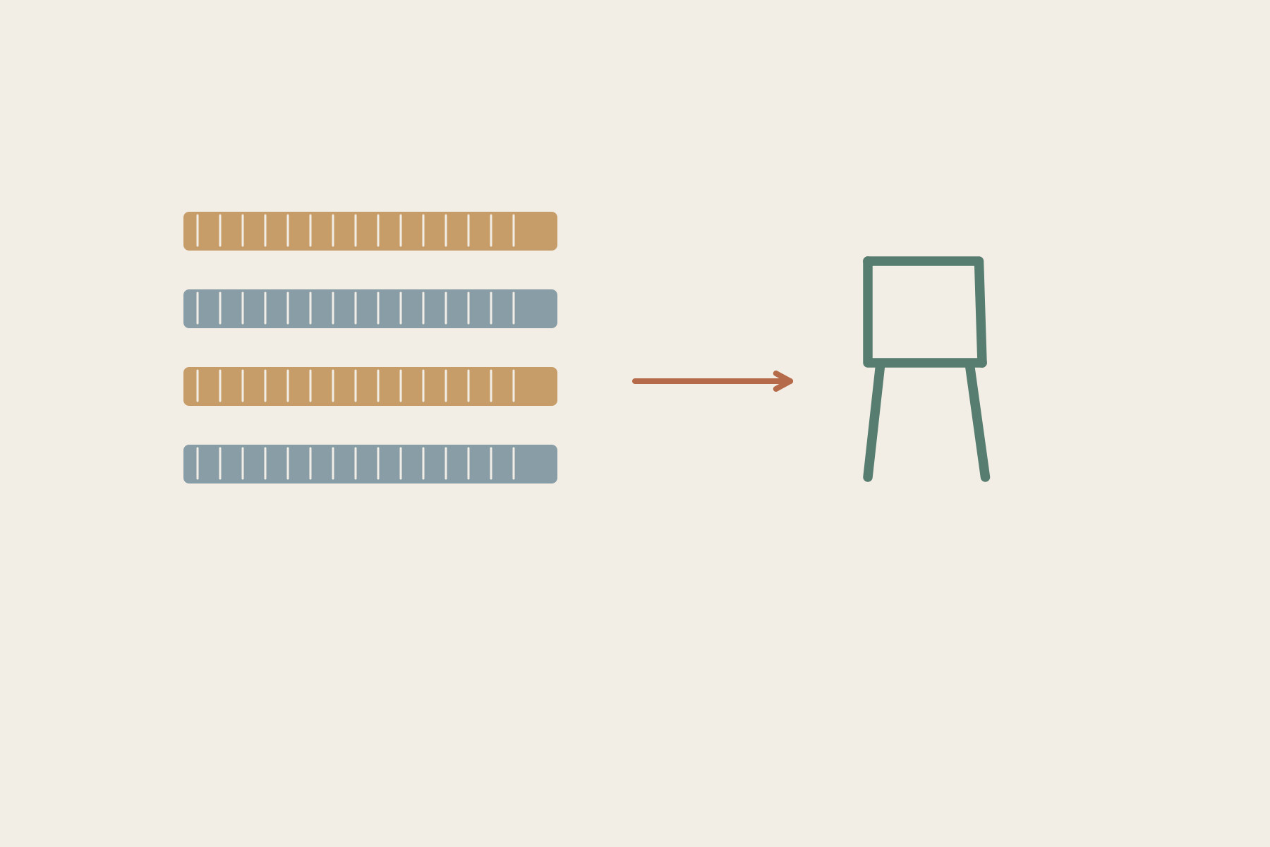 Four illustrative textile-like layers lead by an arrow towards a simple chair outline.