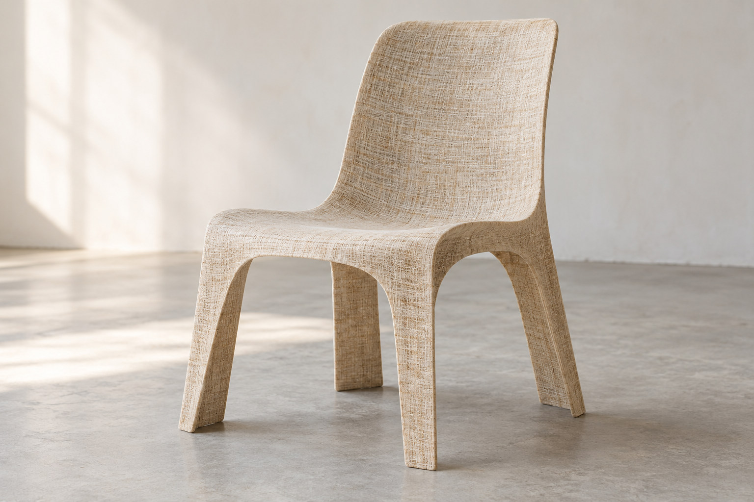 A pale fibre-composite chair with a gently formed back and visible textile texture in the material.