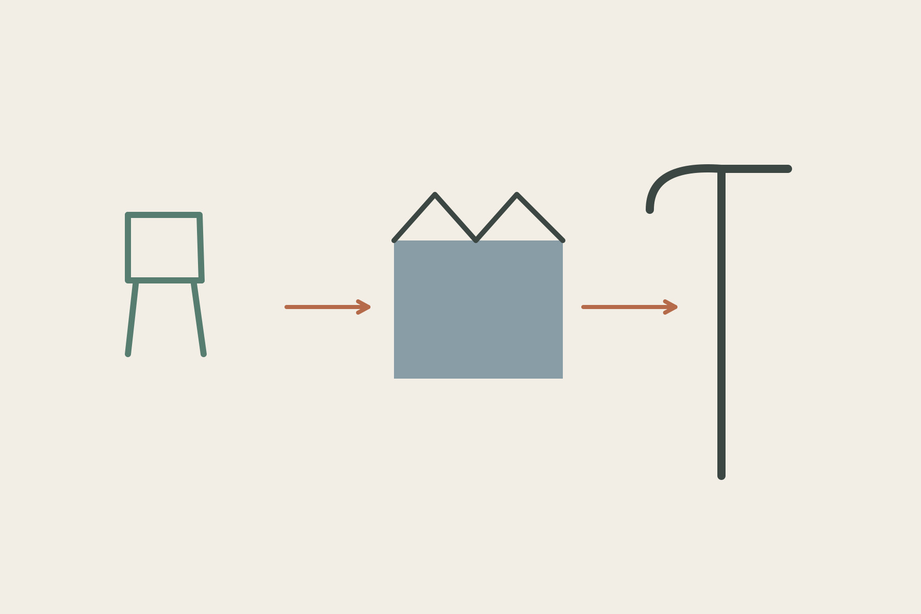 A chair, a factory-like symbol and a street-light symbol are connected across the drawing.