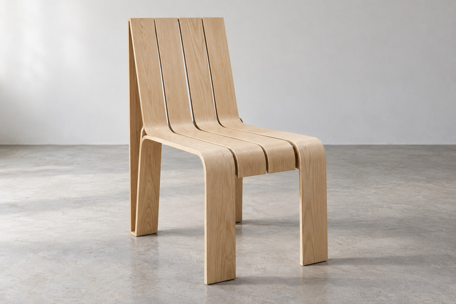 A chair formed from broad pale bent wooden strips has open intervals and a readable route from seat towards the floor.