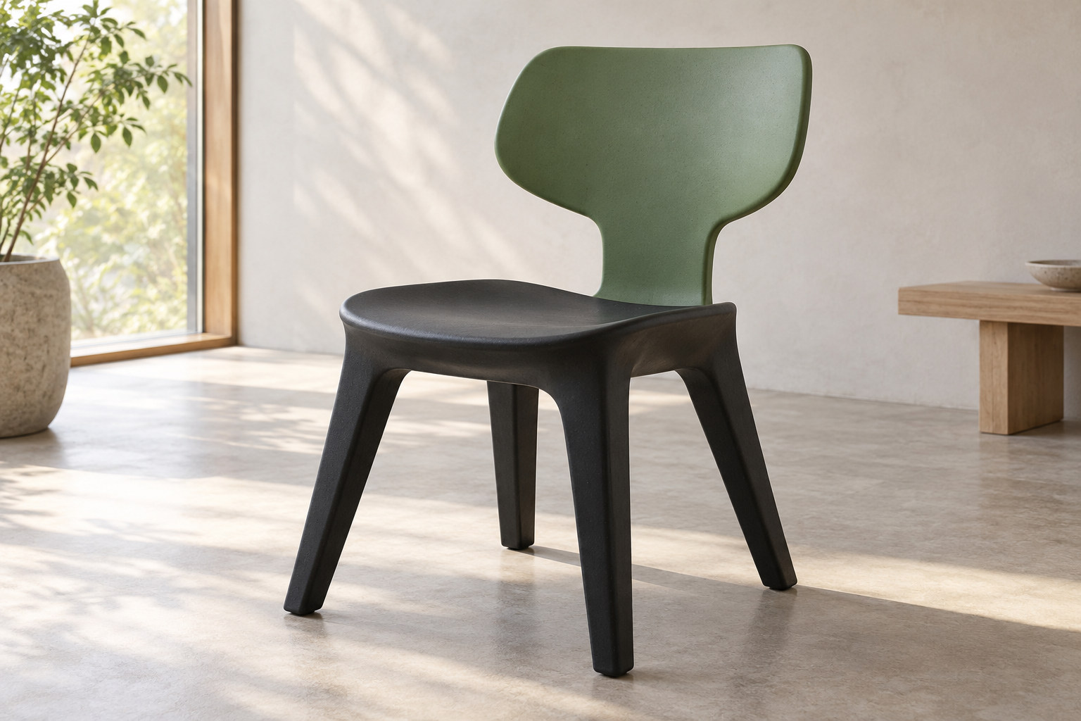 A moulded plastic chair with a contrasting separate backrest, an open gap above the seat and four splayed supports.