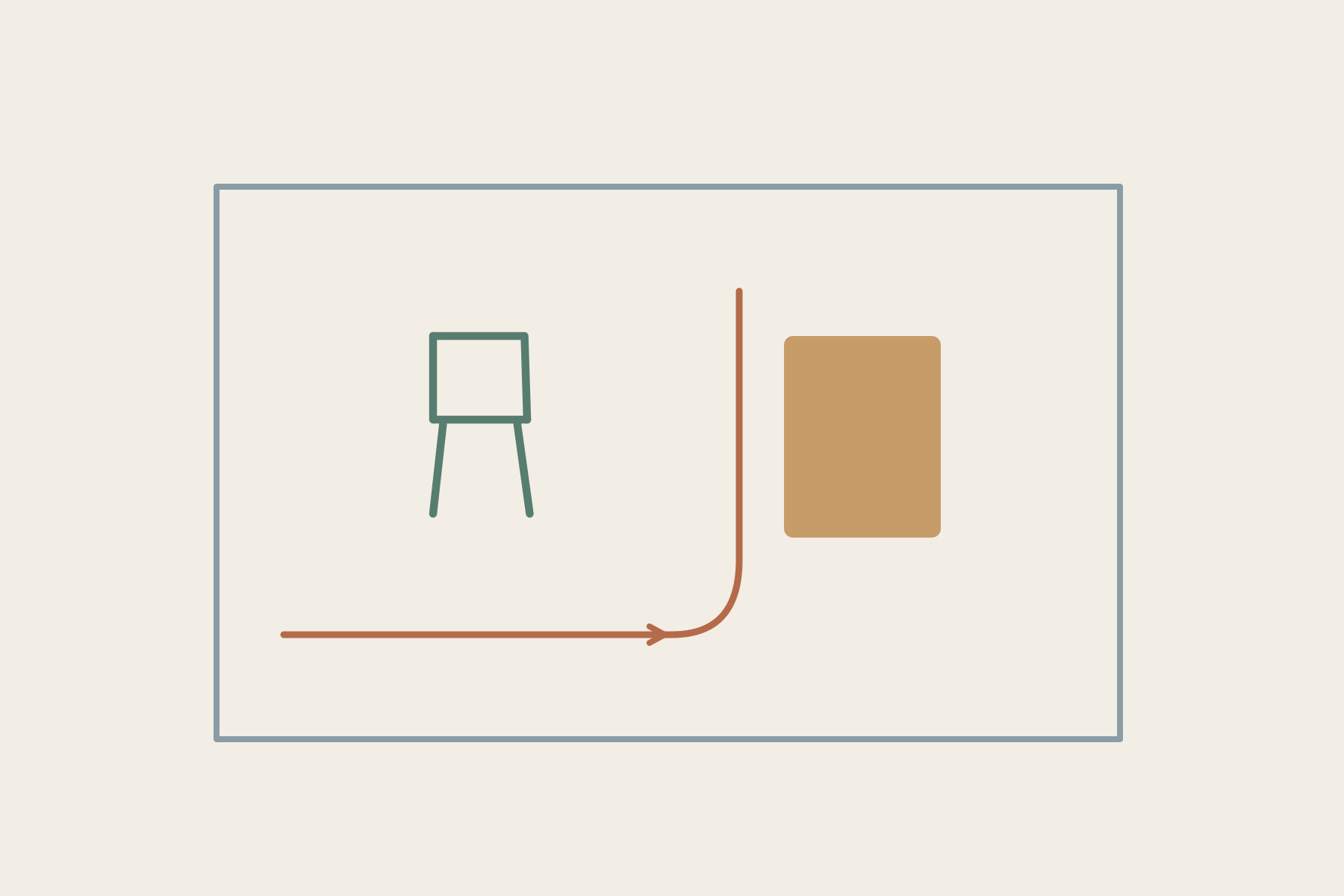 A small chair sits inside a larger room boundary beside a circulation line and a simple block.