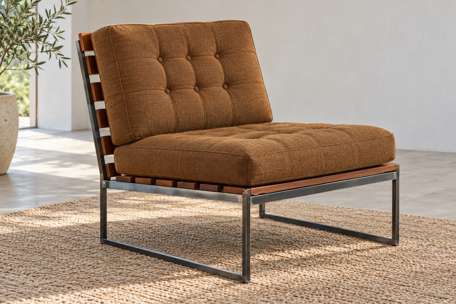 An interpretive lounge chair has deep upholstered cushions within a clear low metal frame with visible wooden slats.
