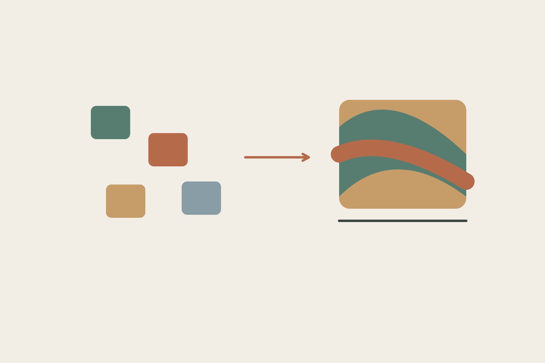 Separate coloured fragments point towards a thick block whose broad colour bands meet its edge.