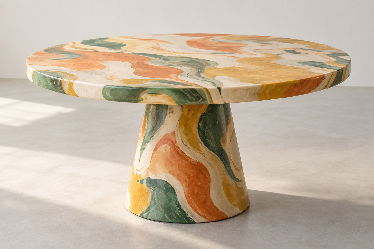 A round thick-topped table shows broad coloured swirls continuing over its edge and a solid supporting base.