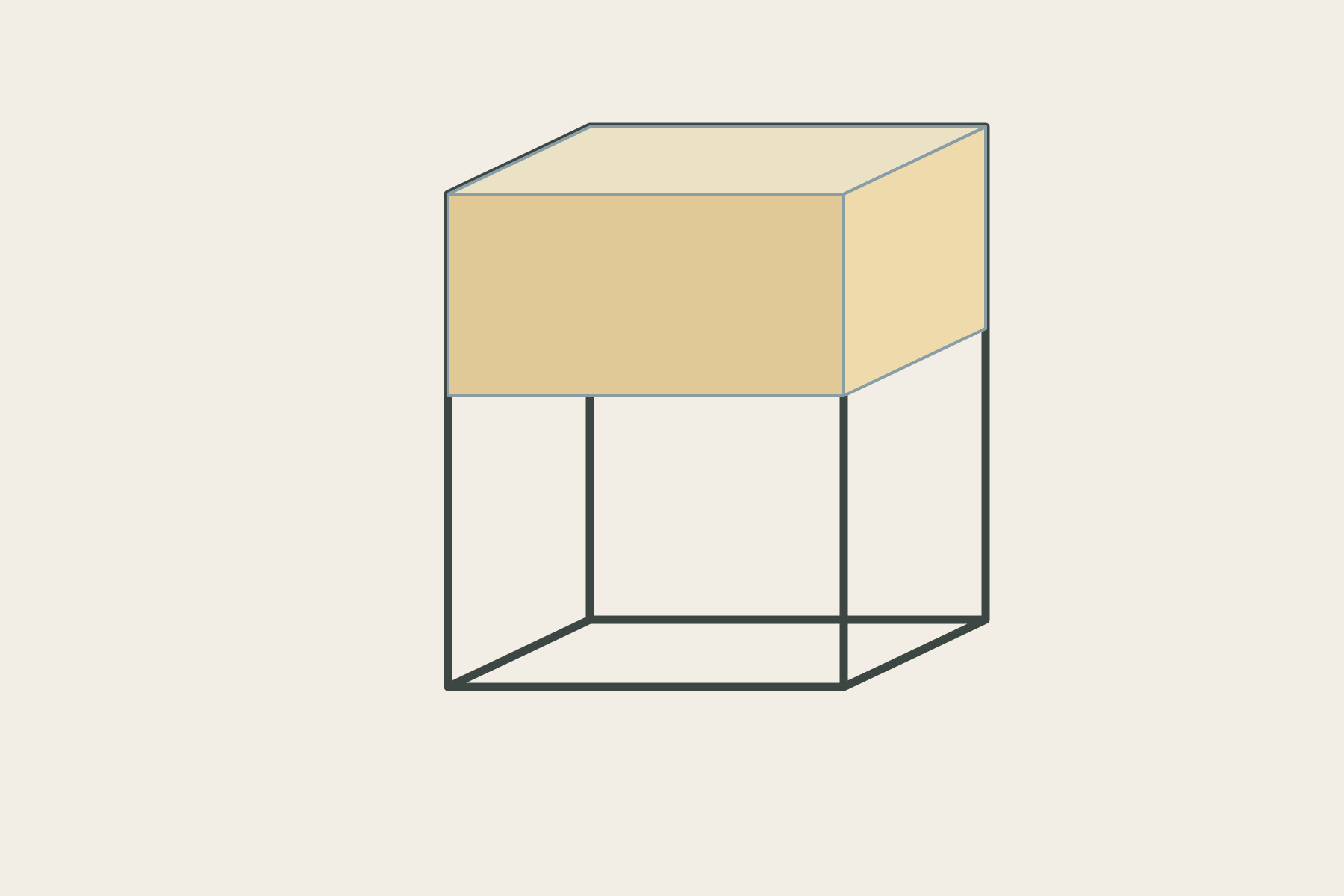 A translucent upper cube is held by four long corner lines above an otherwise open framework.