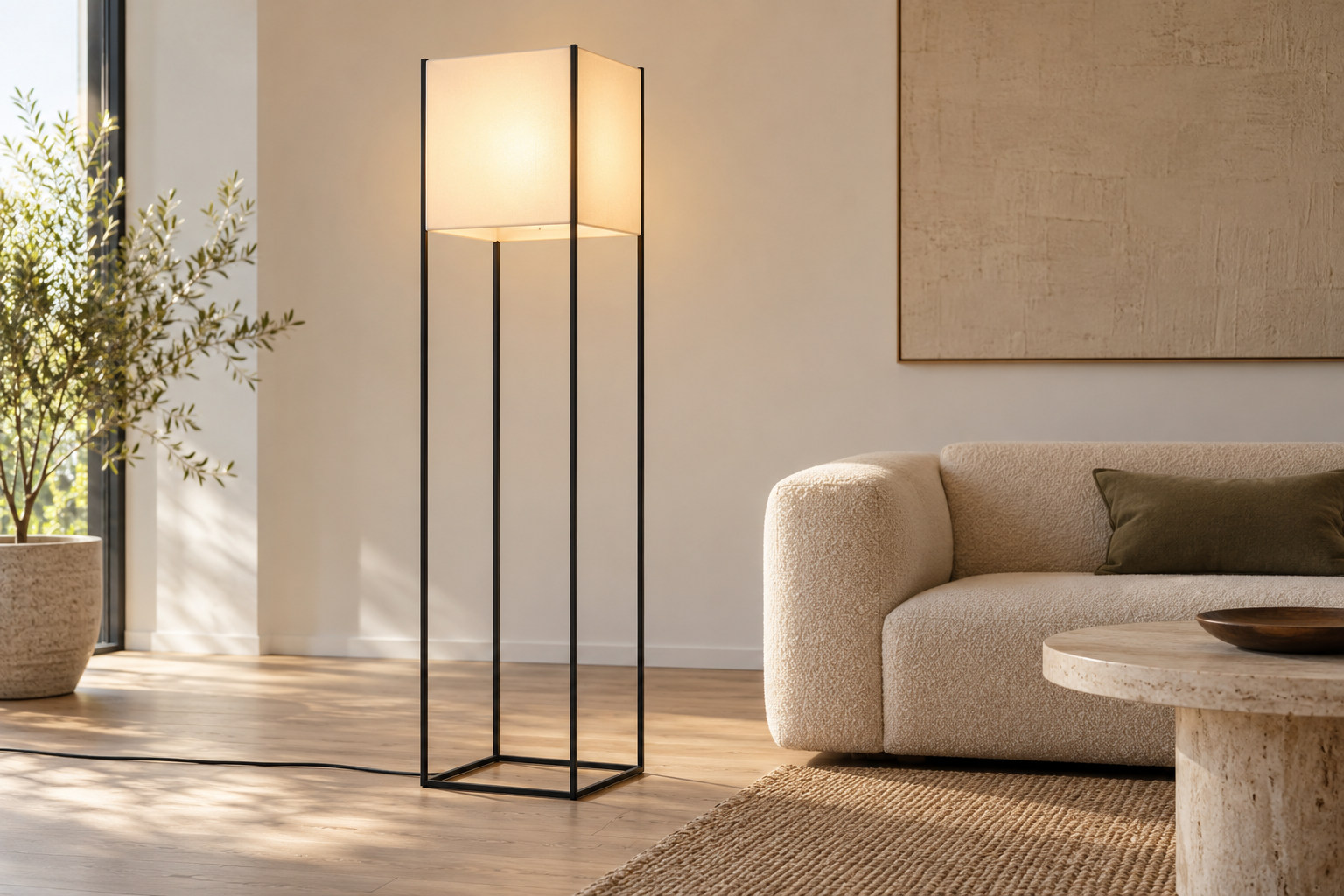 An illuminated rectangular white screen sits within a tall fine black metal lamp frame in an uncluttered interior.