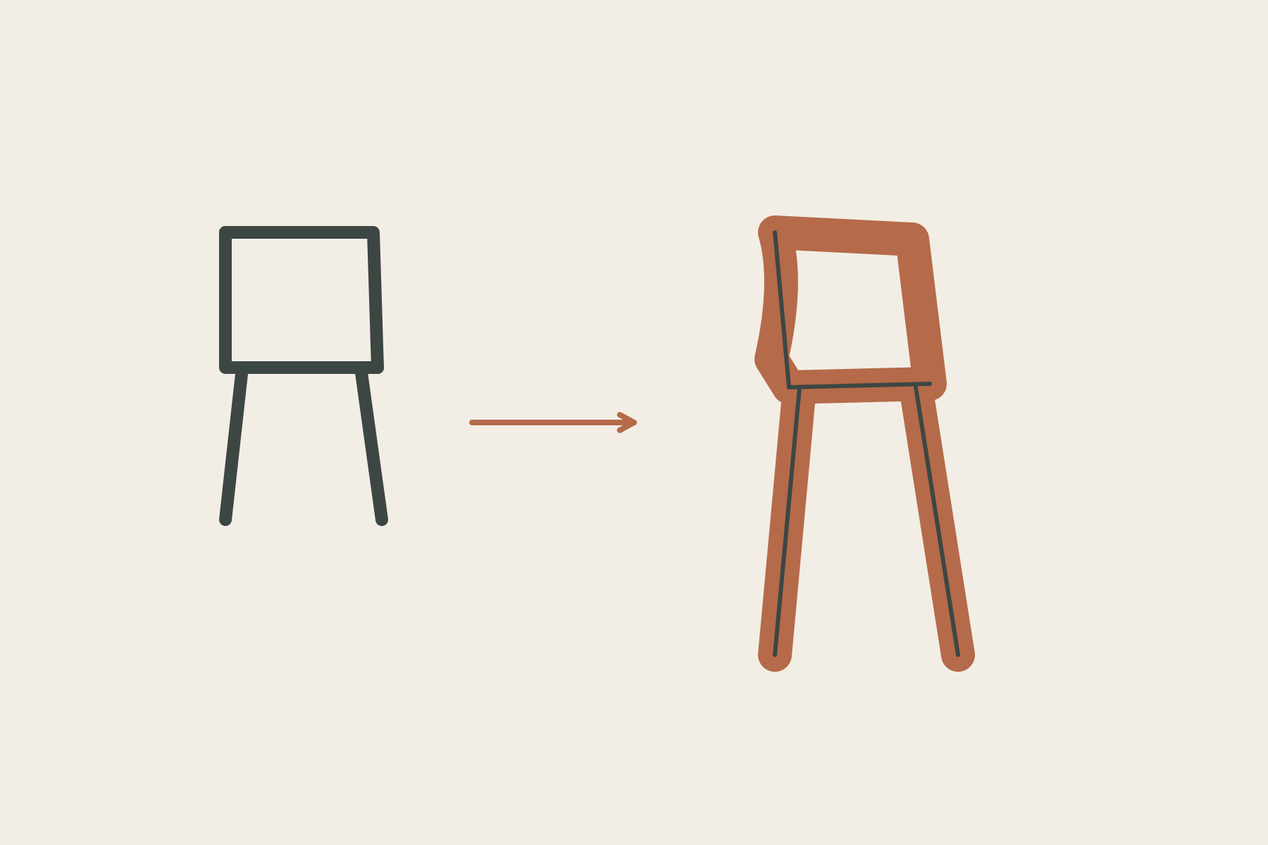 A thin chair skeleton is shown beside an irregular thick coloured covering around a fine supporting line.