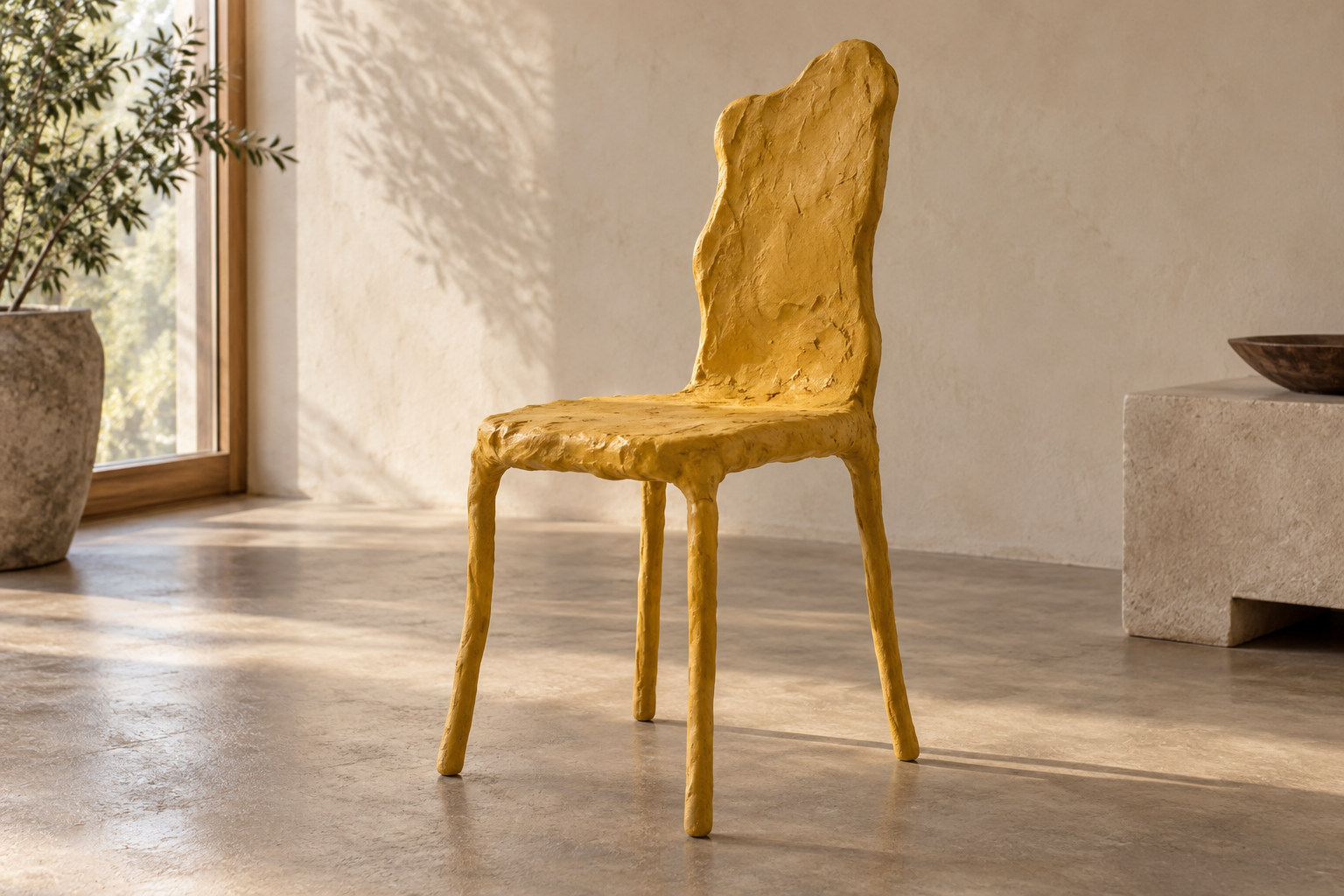 A brightly coloured hand-modelled chair with uneven surfaces and slender irregular supports.