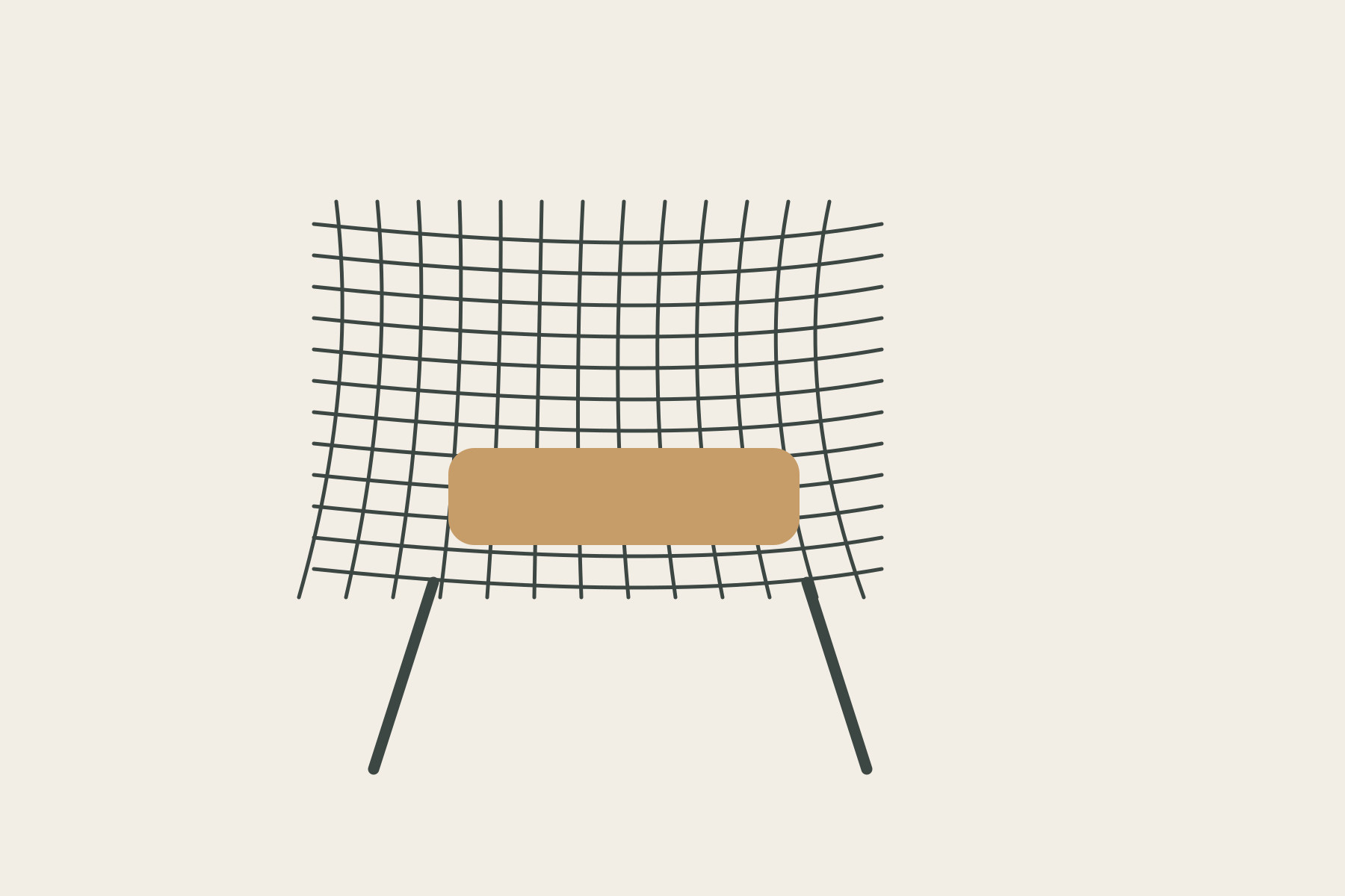 A pale cushion rectangle overlaps a black open grid above two simplified support lines.