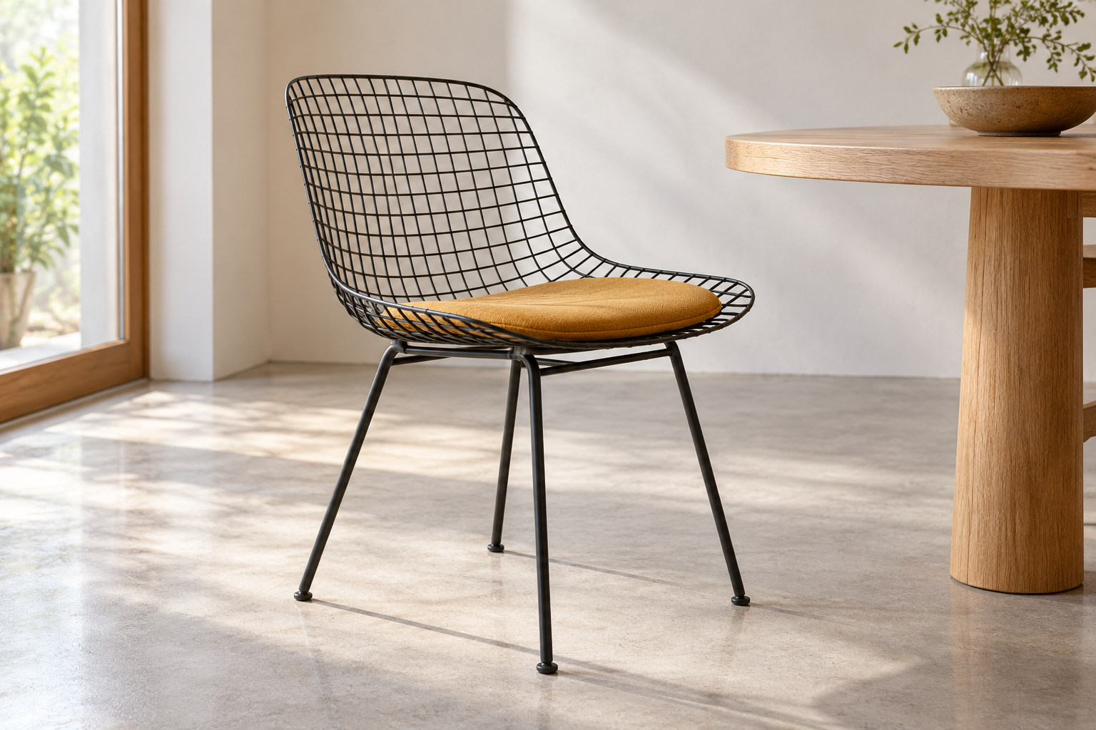 A black wire chair with an open seat and back, slender supporting legs and a separate small seat cushion.