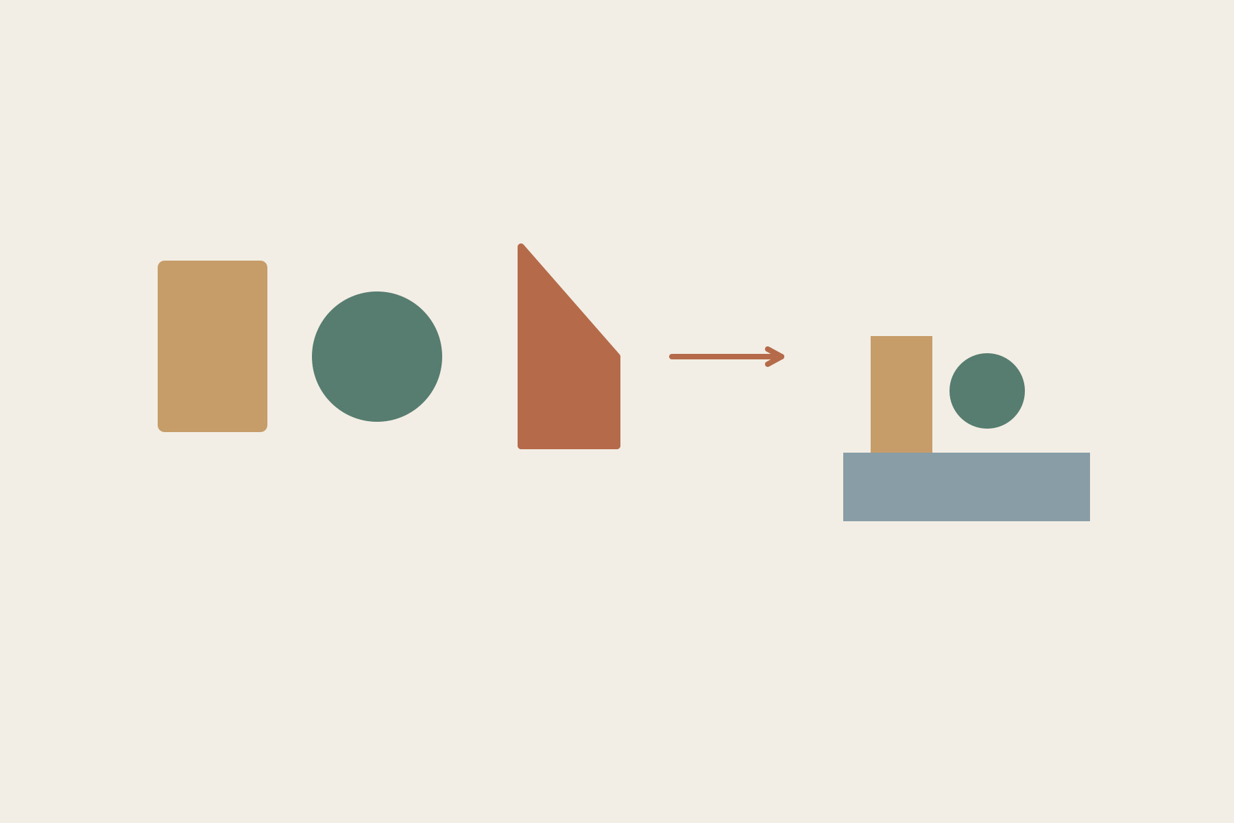 Three different abstract objects lead towards a deliberately arranged small group on a platform.