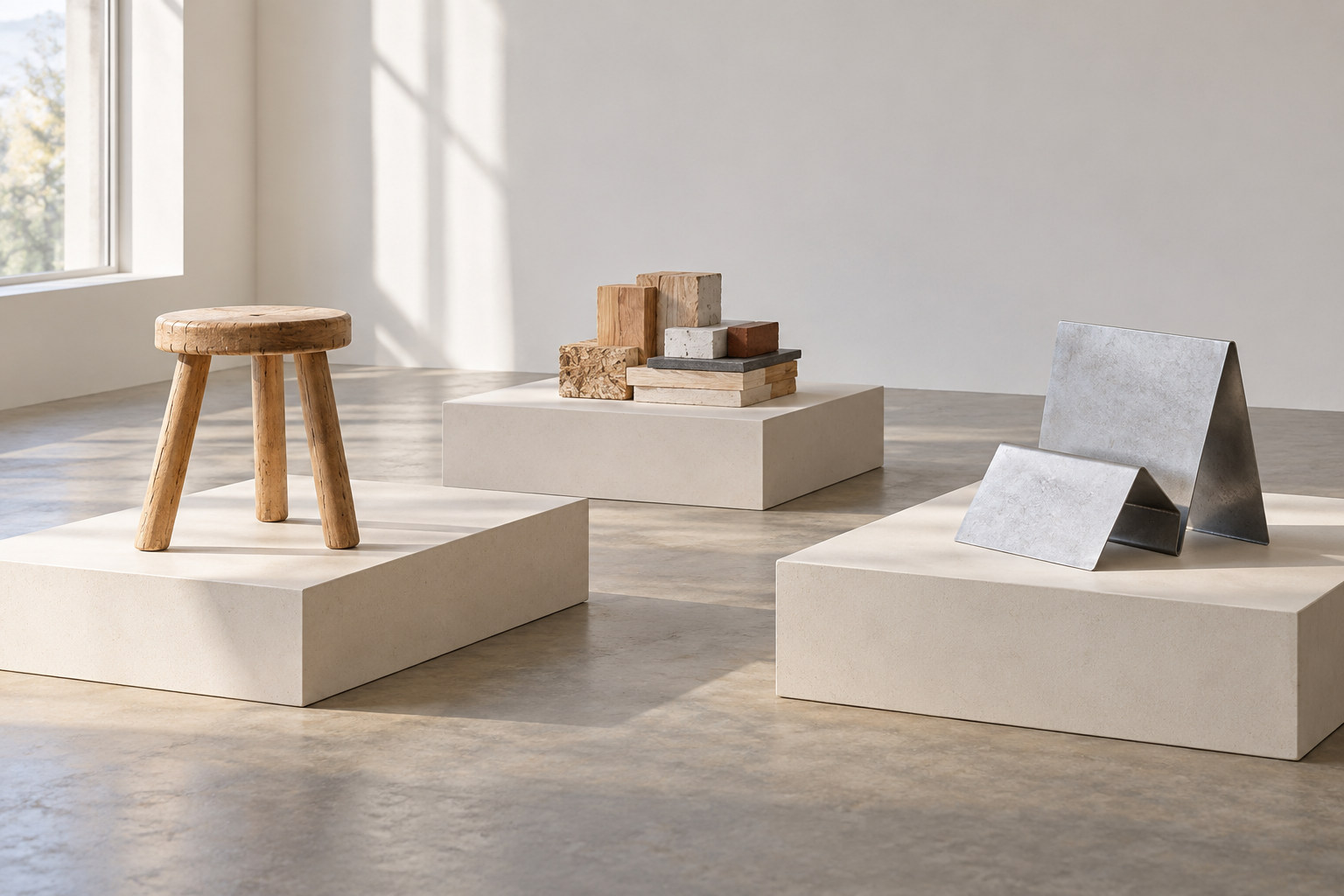 An imagined display groups a few ordinary objects and material studies on simple platforms in a bright room.