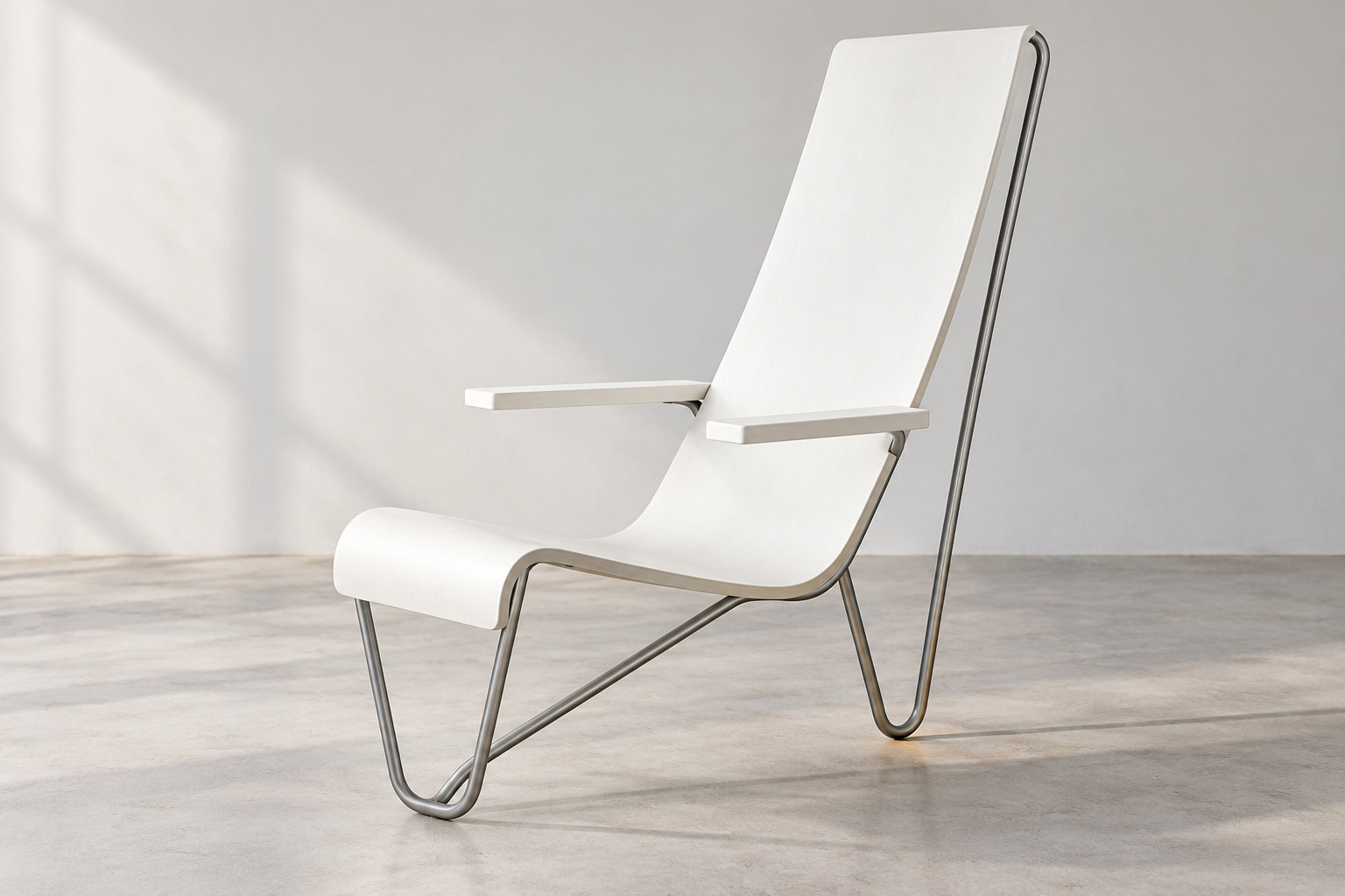An open armchair with paired curved tubular supports and a thin shaped wooden seat and back.