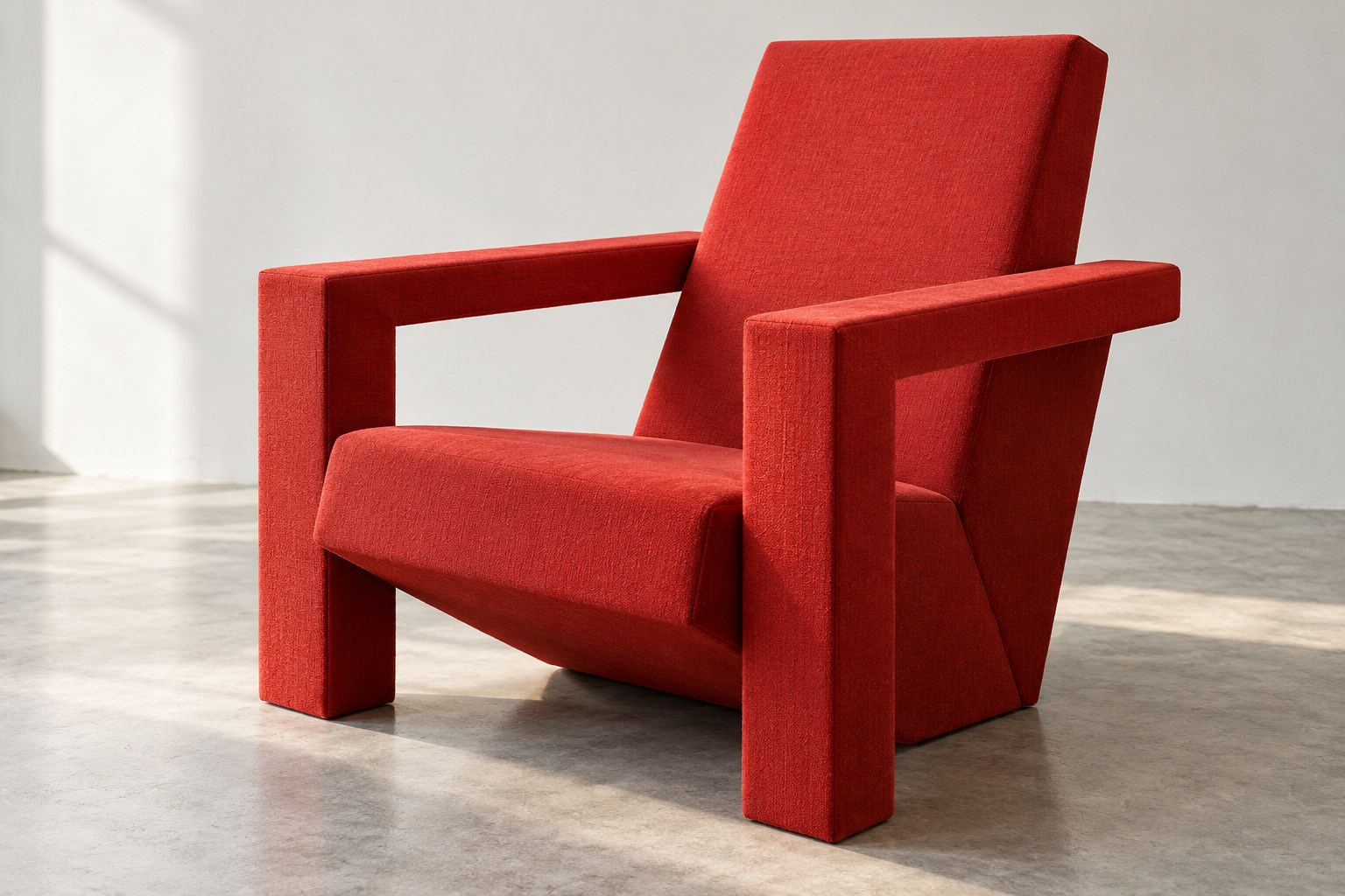 An angular red upholstered armchair with broad padded arms and an inclined back, shown from the front and side.