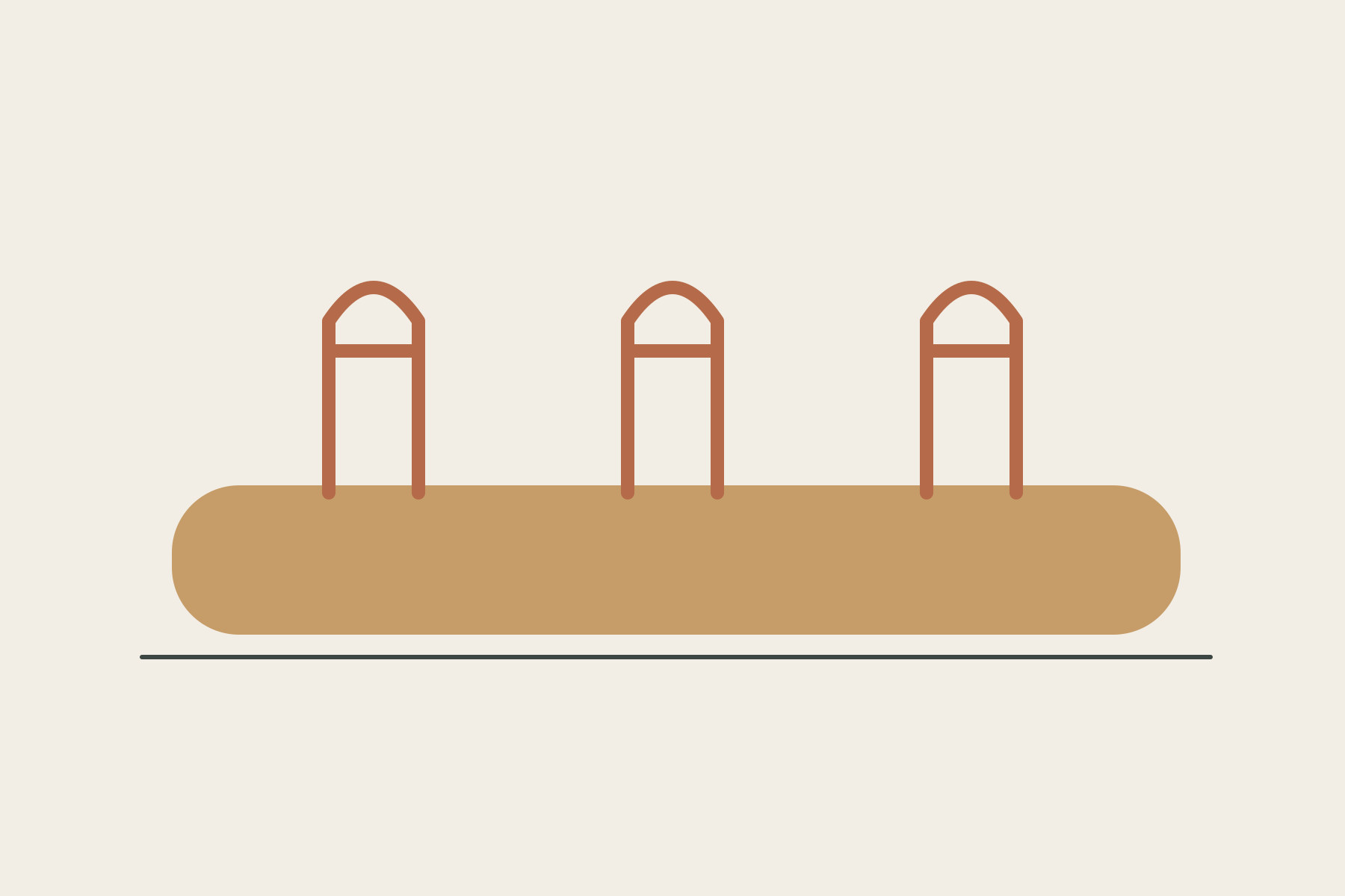 A long rounded timber form rests on a ground line beneath three differently placed backrest symbols.