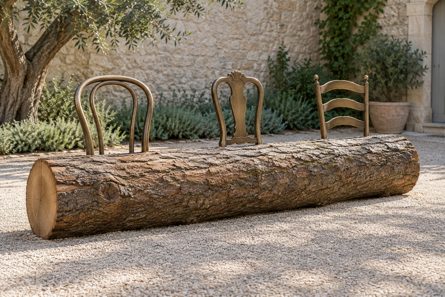 Three differently shaped bronze chair backs stand along a large horizontal tree trunk in a simple outdoor setting.