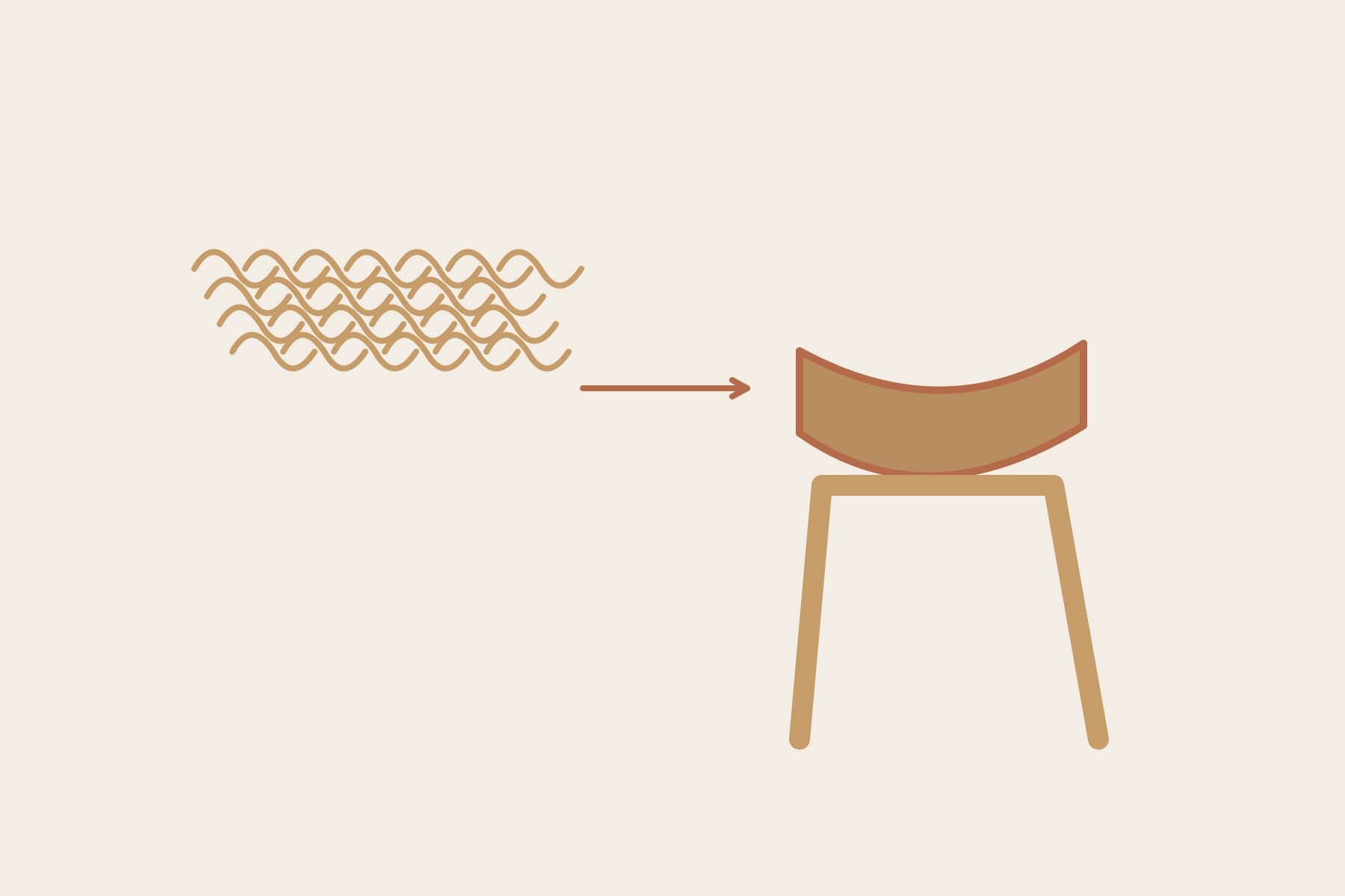 Curled shaving symbols lead towards a textured seating shape above a separate pale frame.