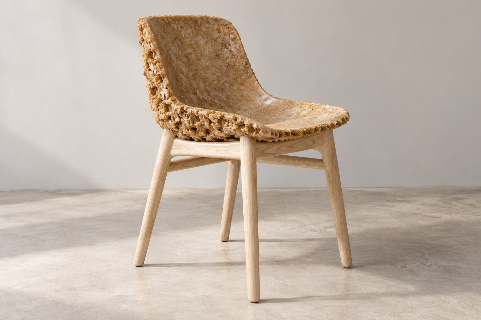 A chair combines an irregular textured composite seating body with pale wooden supports beneath it.