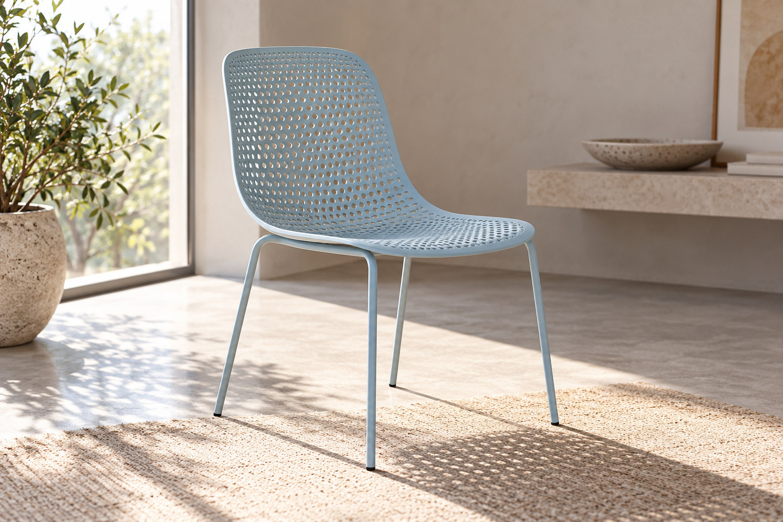 Pale-blue perforated shell on a slender four-leg frame, with light visible through small openings.