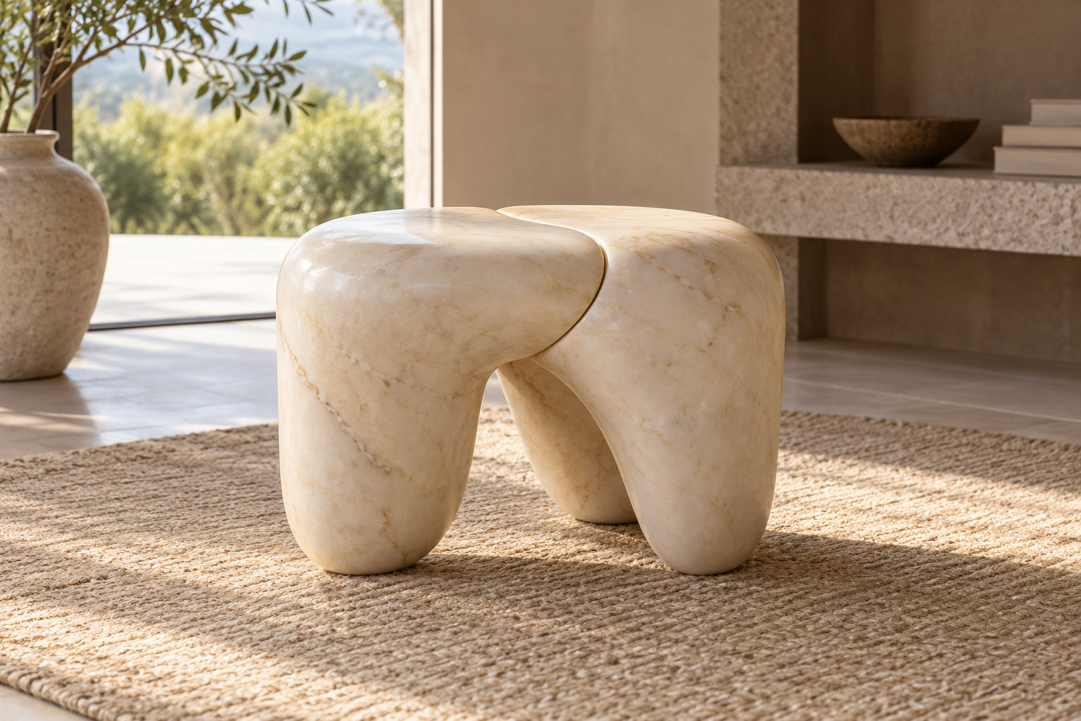 Three pale curved stone-like elements meet in the top and supports of a small reconstructed stool.