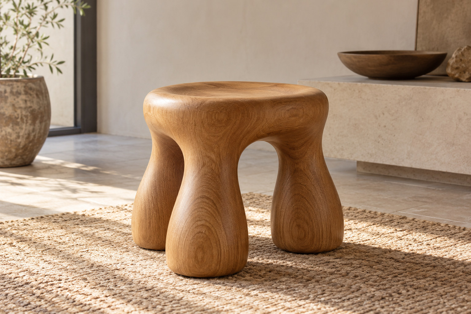 Rounded wooden stool interpretation with broad transitions between its top and supports.
