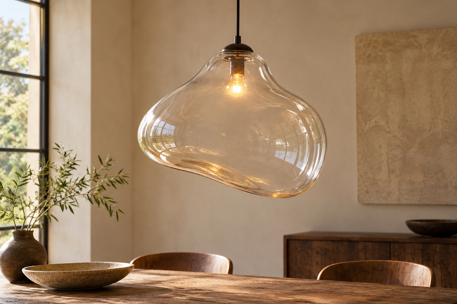 Irregular clear glass-like hanging light with an elongated outline and soft reflected highlights.