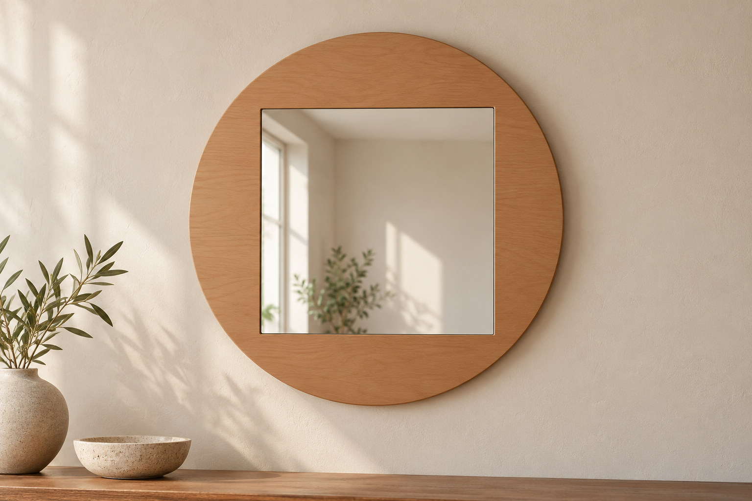 Round natural wood-like surround carrying an upright square reflective centre.