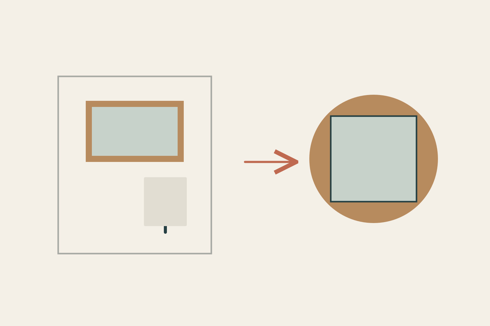 An invented display/interior arrangement and the mirror’s two shapes connect room-scale attention to a small accessory.