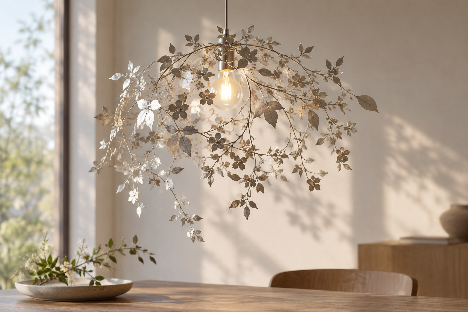 Fine silver-coloured botanical garland arranged around one warm bulb with open space between leaves.
