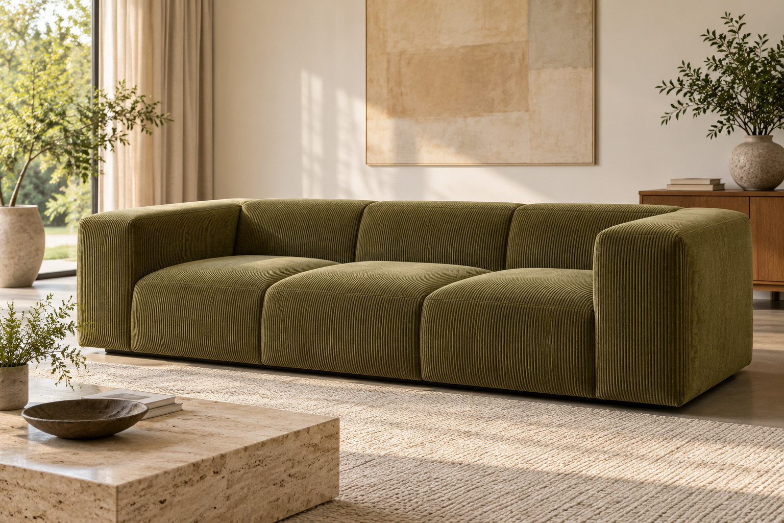 Low angular upholstered sofa interpretation with square arms and back organised as one block.