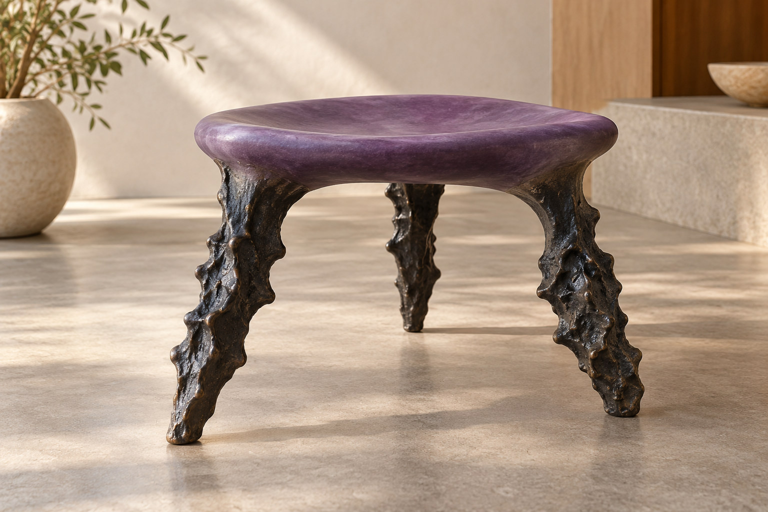 Purple seat above three dark, irregularly textured supports in a conceptual material study.