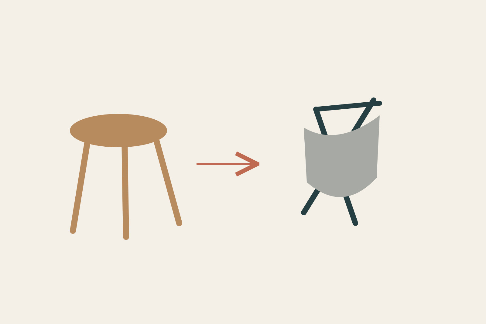 A generic three-legged stool and a generic textile/frame chair show a change of material and furniture type.