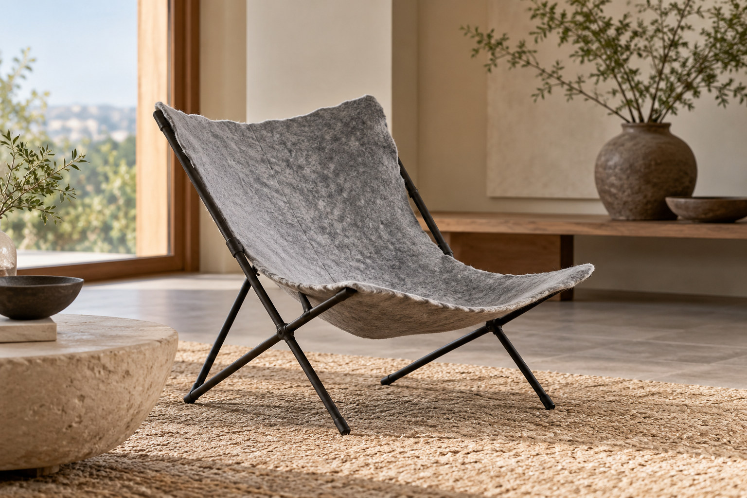 Soft grey felt-like seating surface held within a slender dark folding frame.