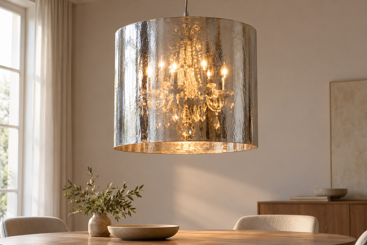 An illuminated chandelier can be seen within a closed reflective cylindrical outer shade.