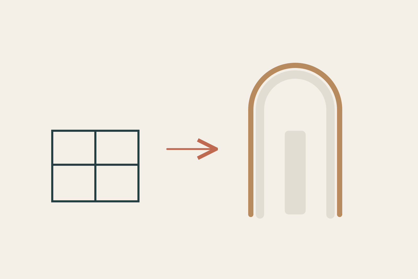 A small open frame and a room-scale arch are conceptual comparisons of scale and use.