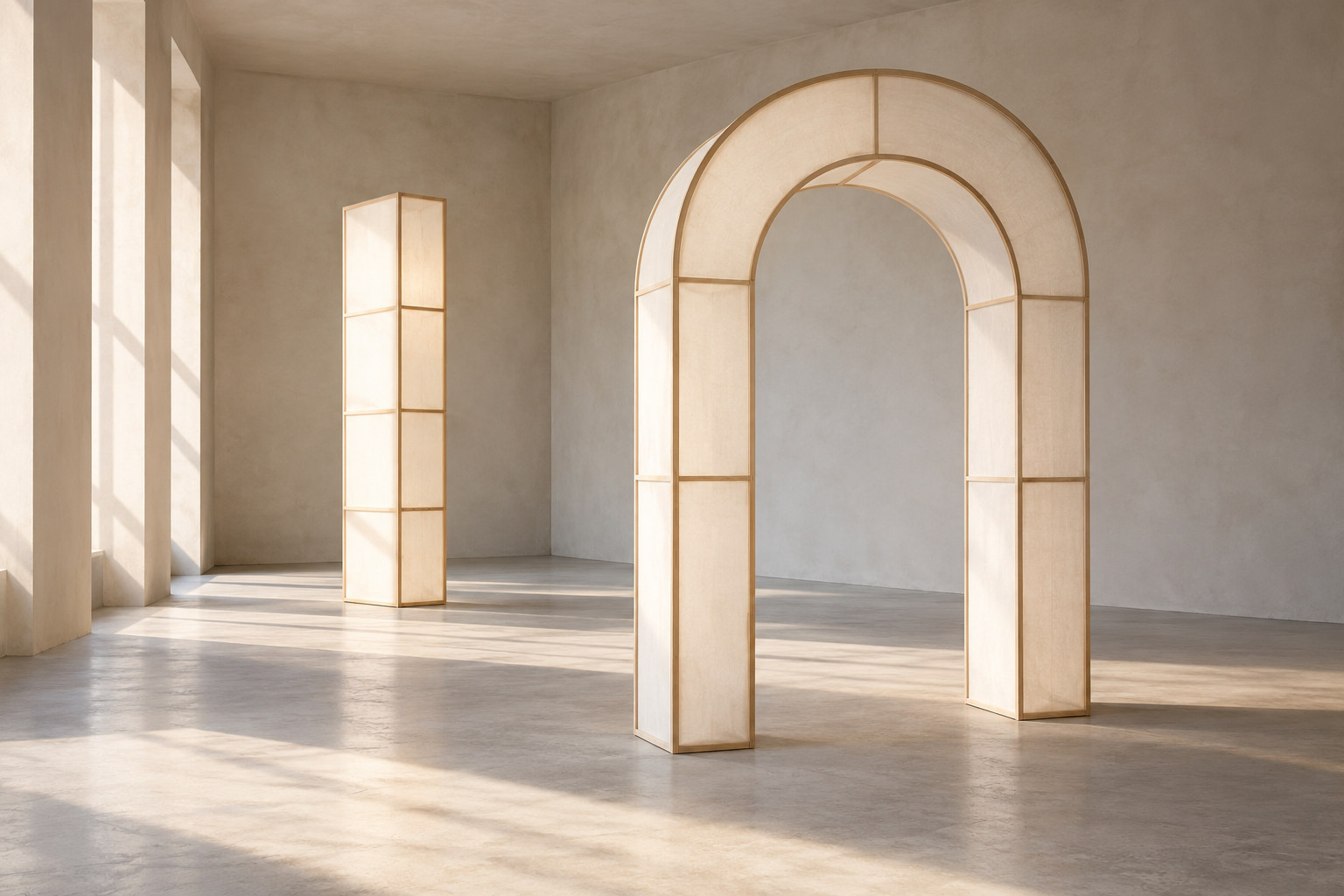 Conceptual luminous frame arch and column in a neutral interior, related to a jointly credited studio practice.