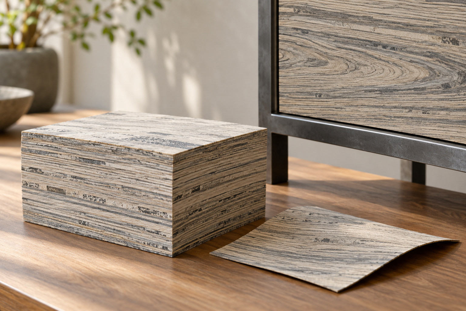 Layered grey paper-like block, thin veneer sample and framed panel illustrate a wood-like cut grain.