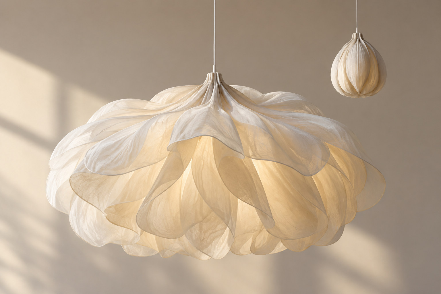 Layered pale silk-like hanging form shown open, with a smaller closed form above and behind.