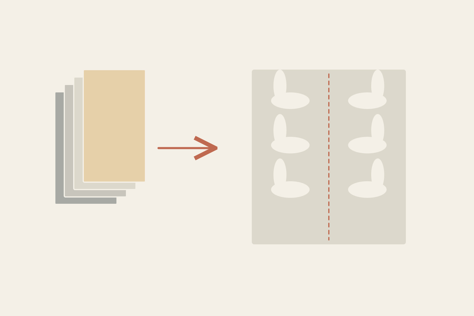 Four folded layers and an original symmetrical cut-out panel show how folding produces repeated reflections.