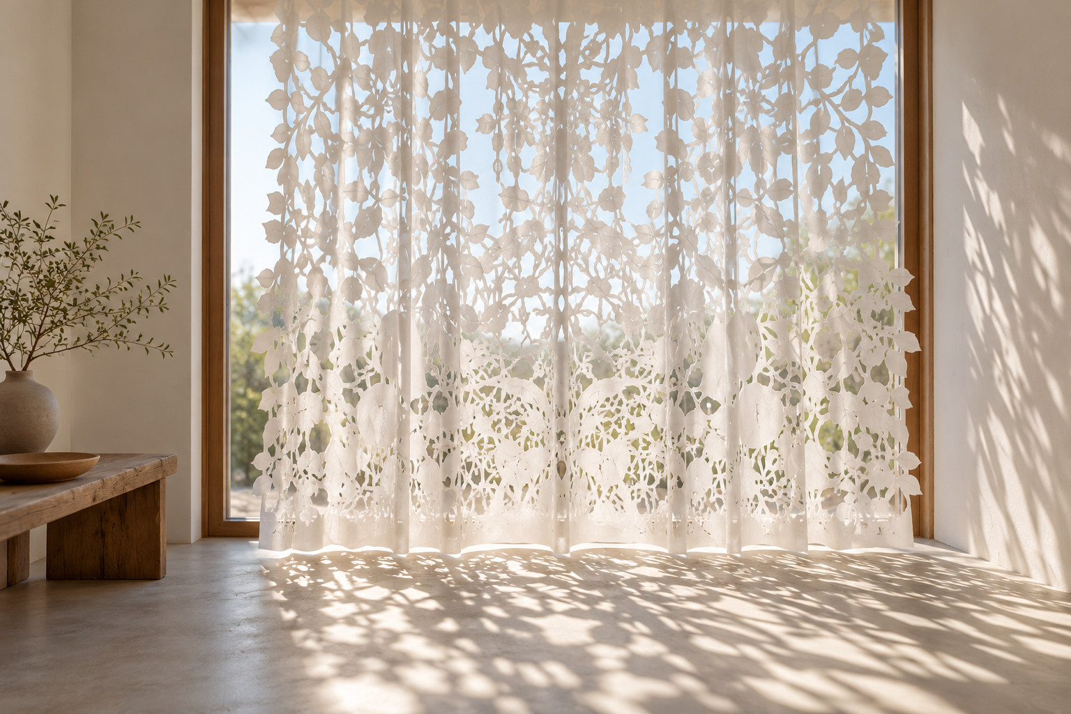 White cut-out botanical panel in front of a window, casting patterned shadows into a neutral room.