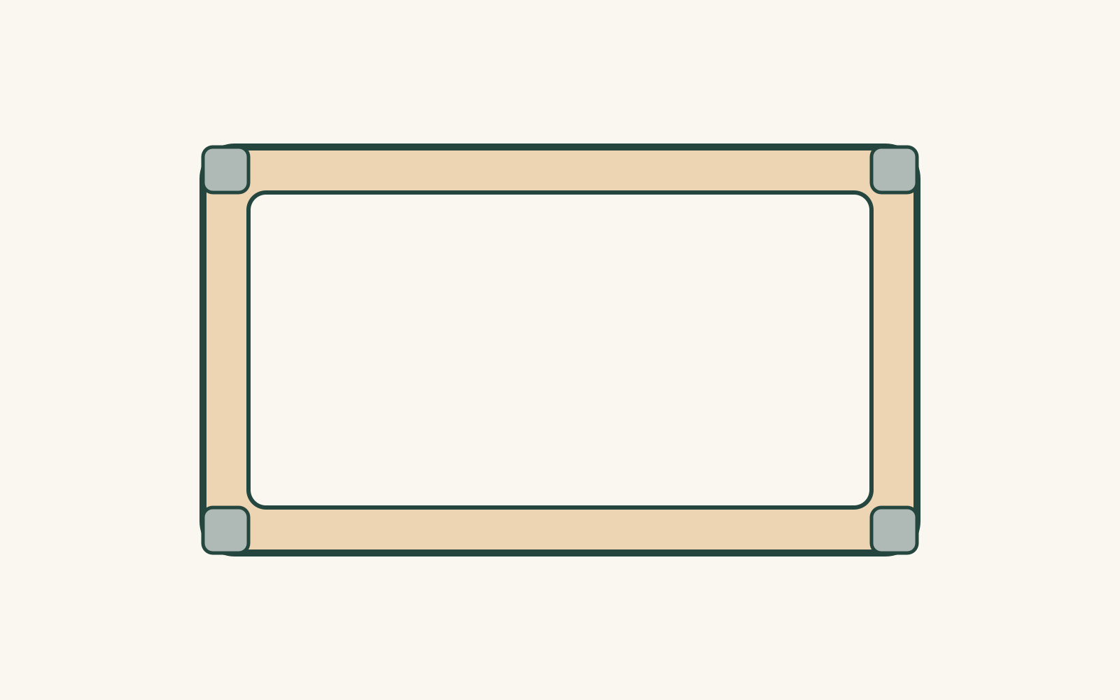 A warm rectangular frame repeats four grey corner accents around an open centre.