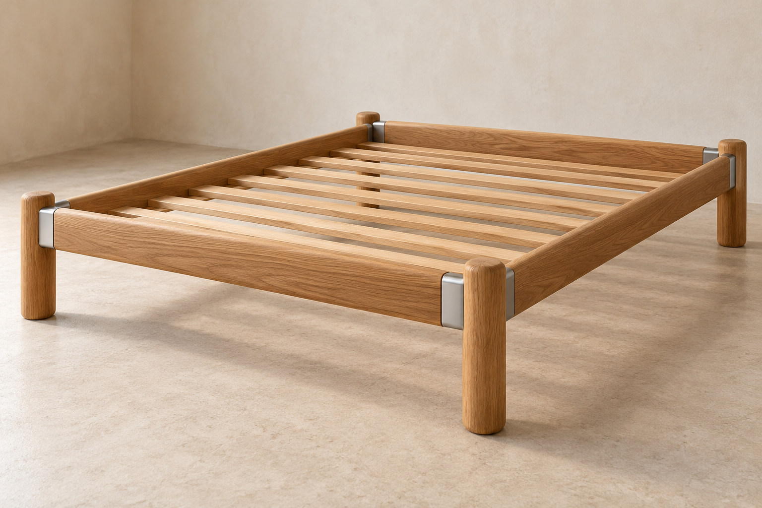 Rounded timber bed rails meet rounded corner legs at visible silver-coloured accents.