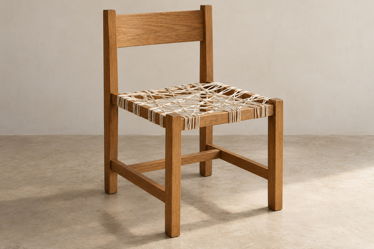 An oak-like rectangular chair frame surrounds a seat of irregularly crossing pale cords.