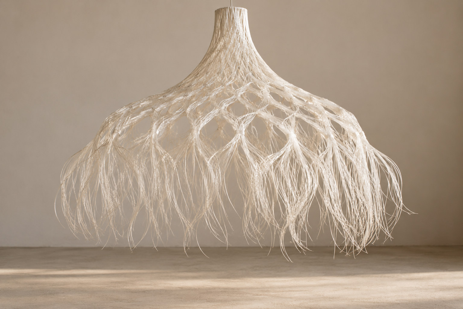 A pale lace-like network hangs as a shade-shaped volume with loose strands beneath.