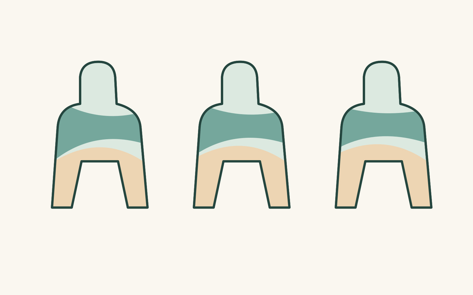 Three similar rounded silhouettes have different green and warm surface patches.