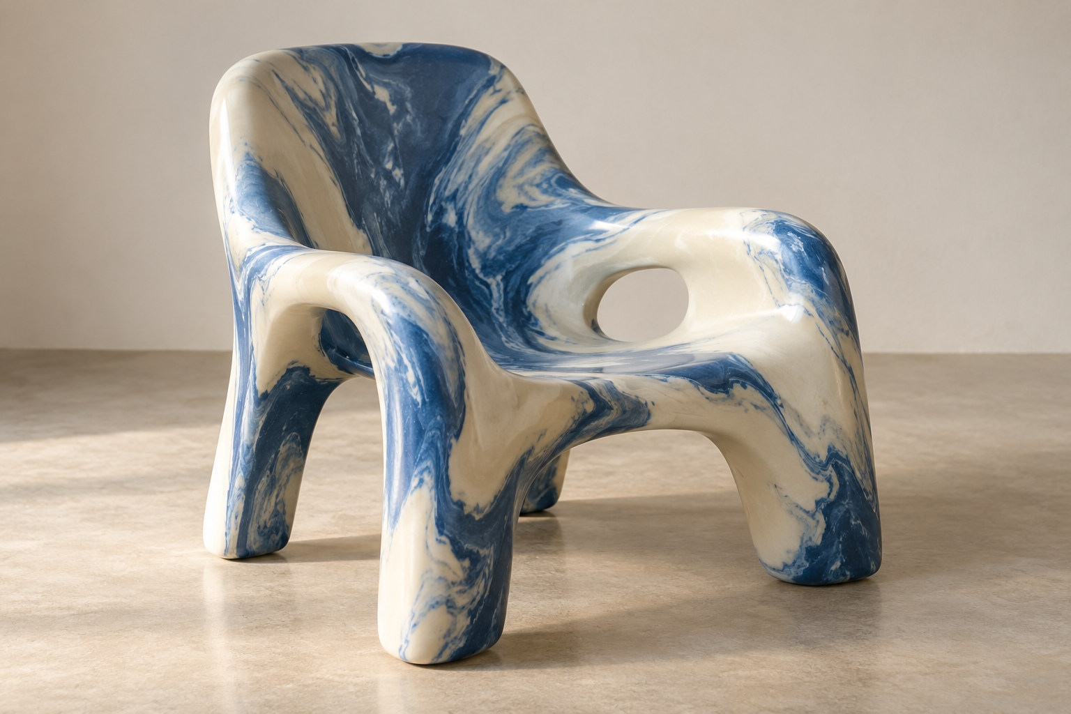A rounded chair-like plastic form carries irregular blue and cream marbling across its exterior.