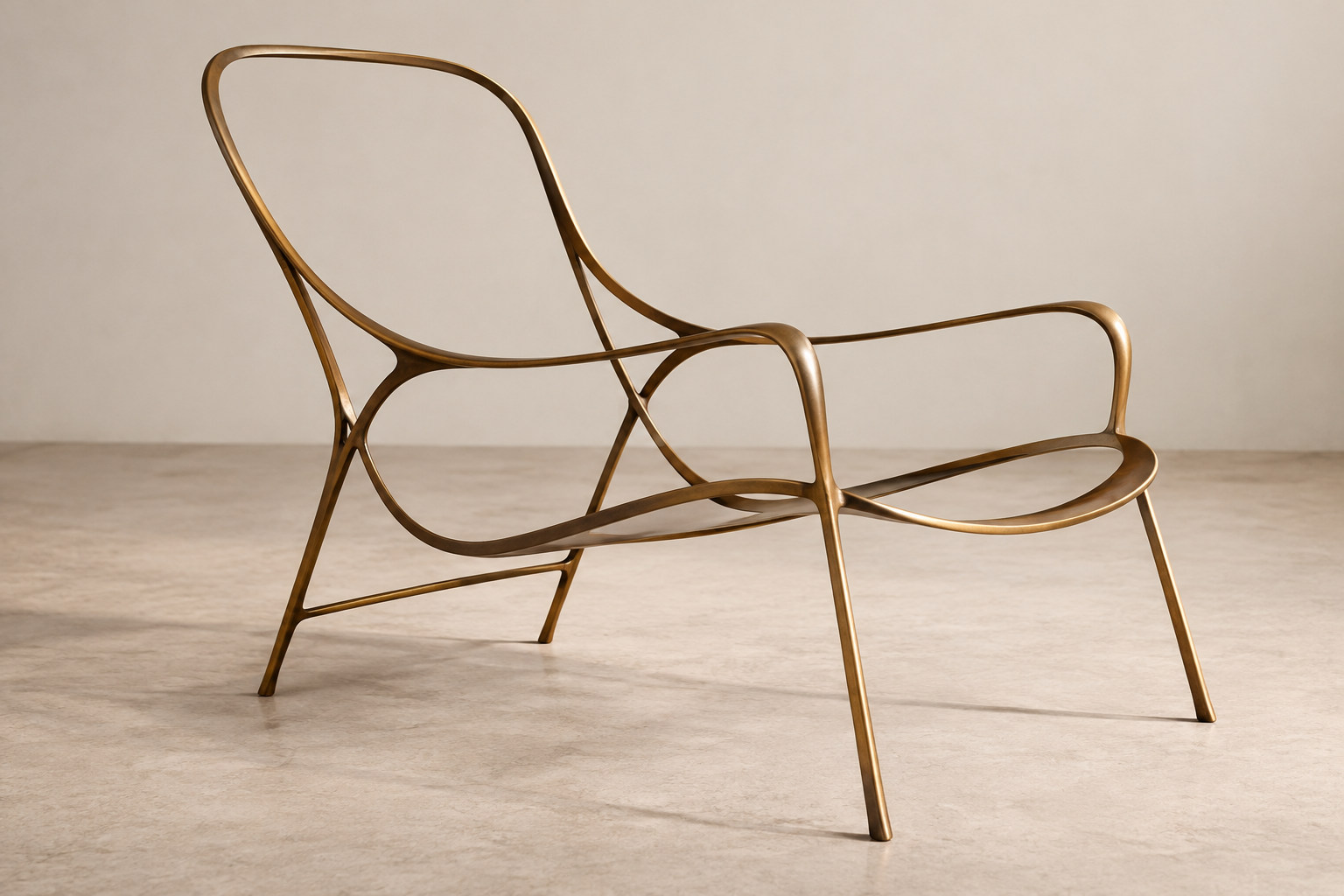 Slender bronze-coloured lines outline a lounge chair around large open spaces.